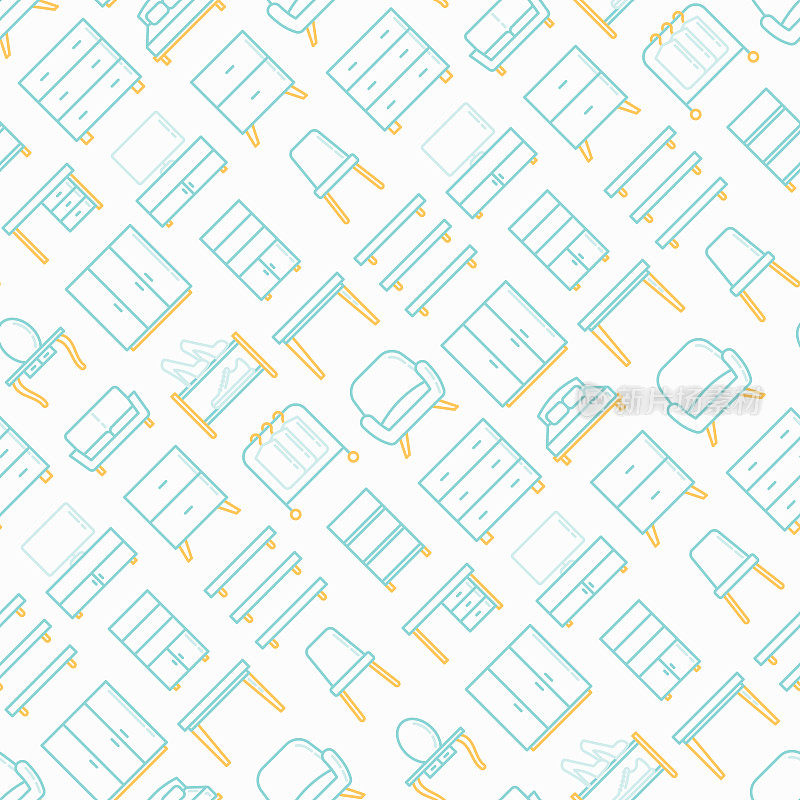 Furniture seamless pattern with thin line icons: dressing table, sofa, armchair, wardrobe, chair, table, bookcase, bed, clothes rack, desk, wall shelves. Elements of interior. Vector illustration.